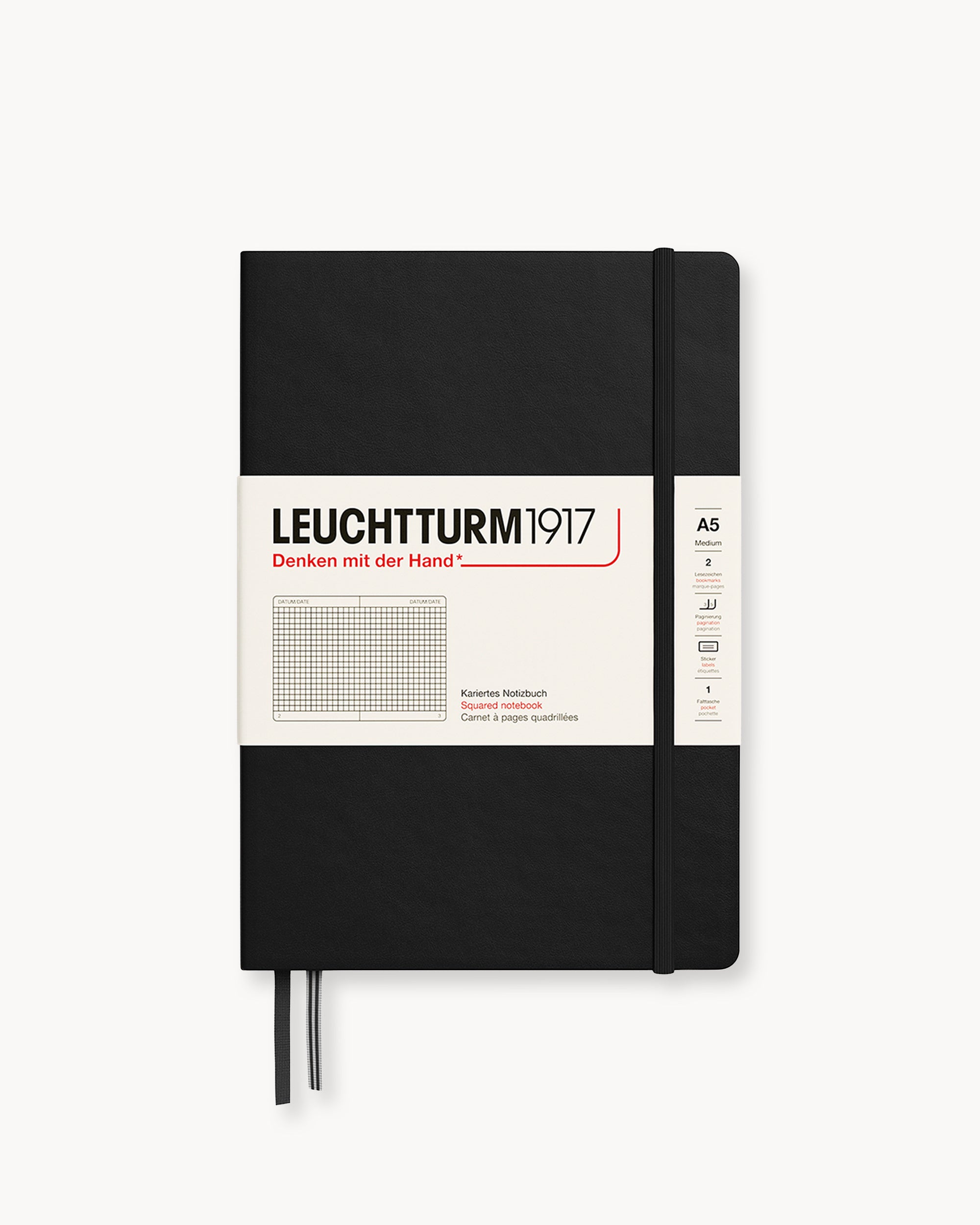 Leuchtturm1917 Hardcover Notebook Classic, négyzetrácsos, Medium (A5) – Black