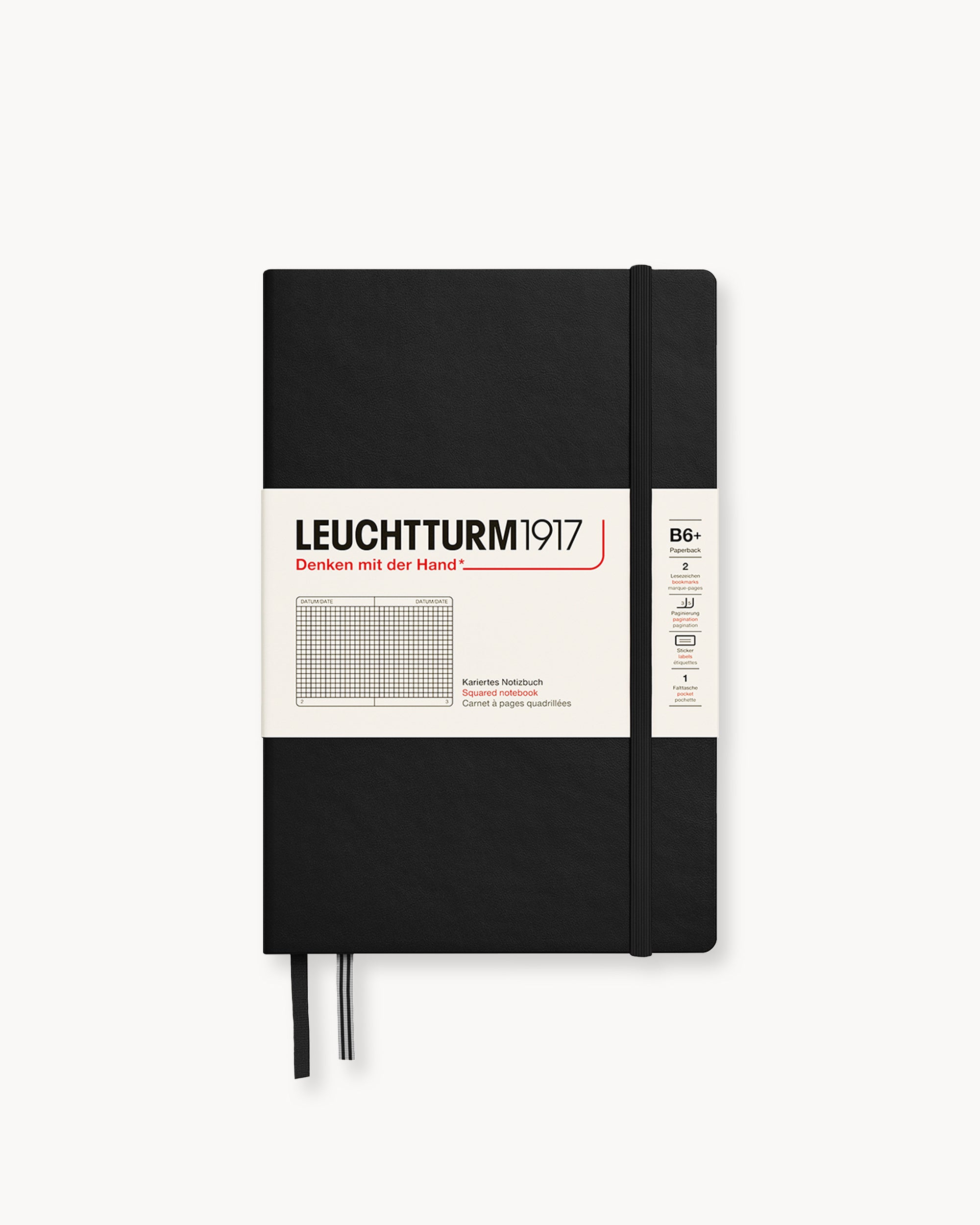 Leuchtturm1917 Hardcover Notebook Classic, négyzetrácsos, Paperback (B6+) – Black